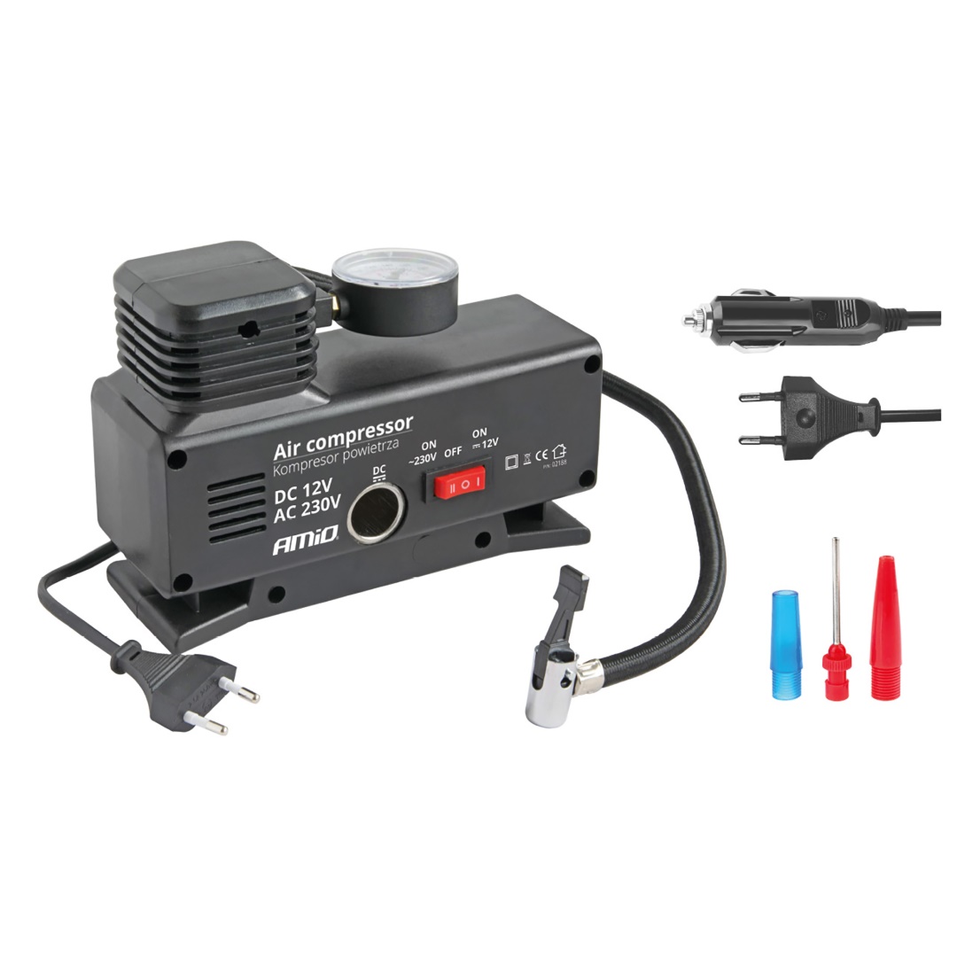 Amio Κομπρεσέρ Αέρα Πλαστικό 12v/220v 18bar-250psi (Μανόμετρο/Φις/4 Αντάπτορες/Καλώδιο 300cm) 1 02188AM
